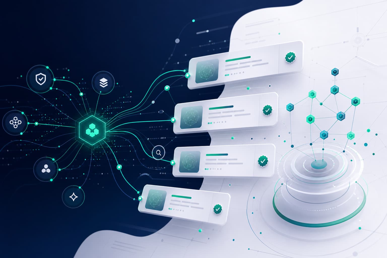 Abstract AI commerce discovery interface with trusted marketplace data flows